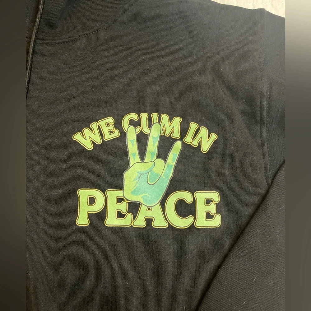Black Graphic Hoodie with 'We C'm In Peace' Print - Picture 2 of 4